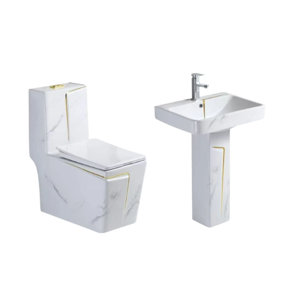 Ensemble WC Monobloc + Lavabo Colonne Blanc Filet Doré - Image 2