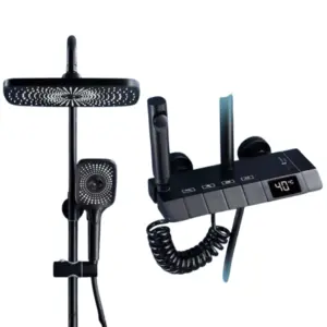 Colonne de Douche Digitale Thermostatique Noir Mat — Pommeau Rond Multi-Jets