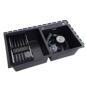 Évier de Cuisine Double Bac Noir Nano avec Égouttoir Inox — 82x45 cm